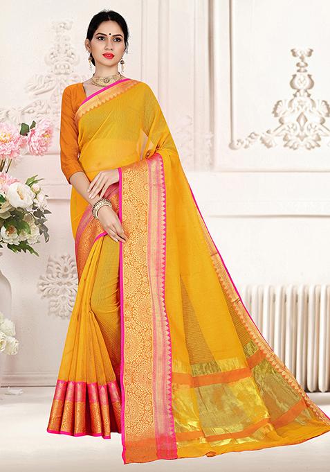 Yellow Zari Woven Cotton Silk Saree Set