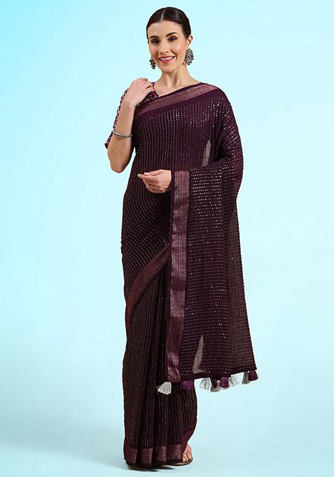 Purple Sequin Work Cotton Blend Saree Set