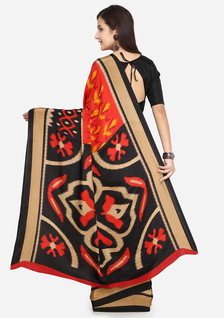 Red And Multicolour Abstract Print Crepe Saree Set