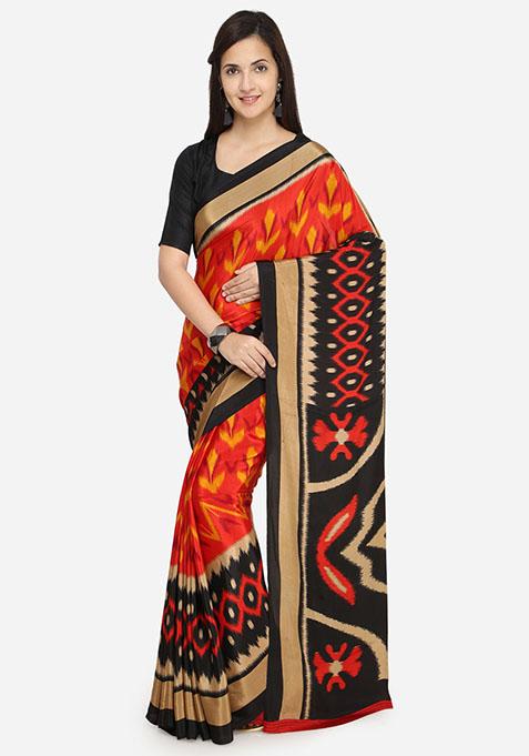 Red And Multicolour Abstract Print Crepe Saree Set