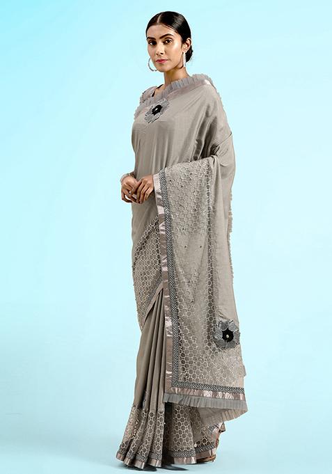 Grey Swarovski Gota Work Georgette Saree Set