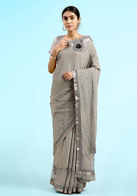 Grey Swarovski Gota Work Georgette Saree Set