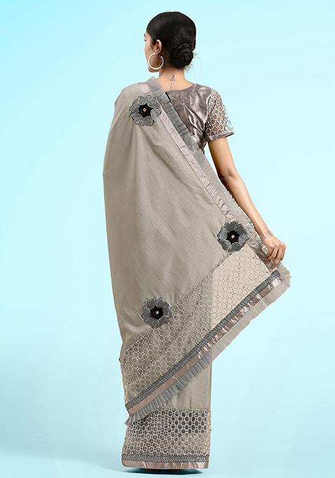 Grey Swarovski Gota Work Georgette Saree Set