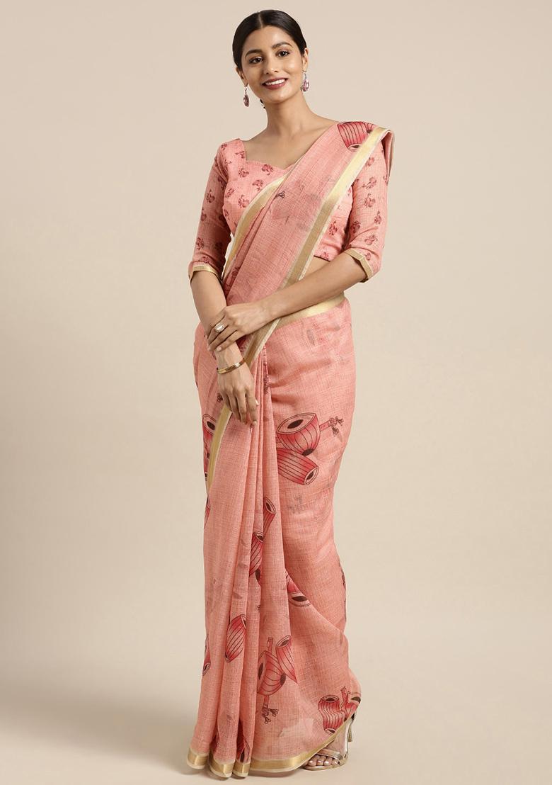 Red And Multicolour Ethnic Motif Linen Cotton Saree Set