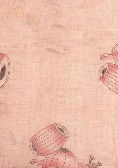 Red And Multicolour Ethnic Motif Linen Cotton Saree Set