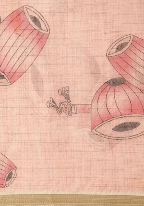 Red And Multicolour Ethnic Motif Linen Cotton Saree Set