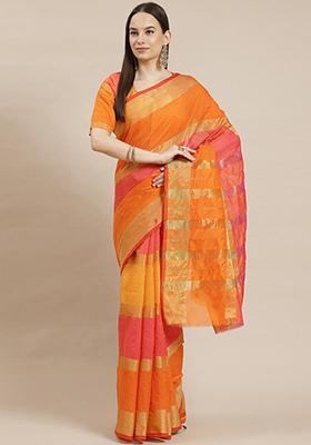 Orange And Pink Printed Cotton Silk Saree Set