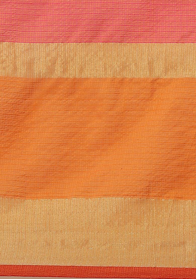 Orange And Pink Printed Cotton Silk Saree Set - Indya
