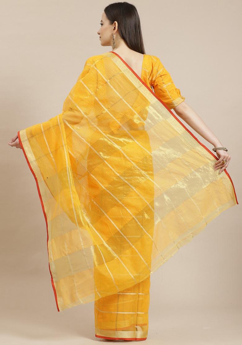 Yellow Printed Cotton Silk Saree Set