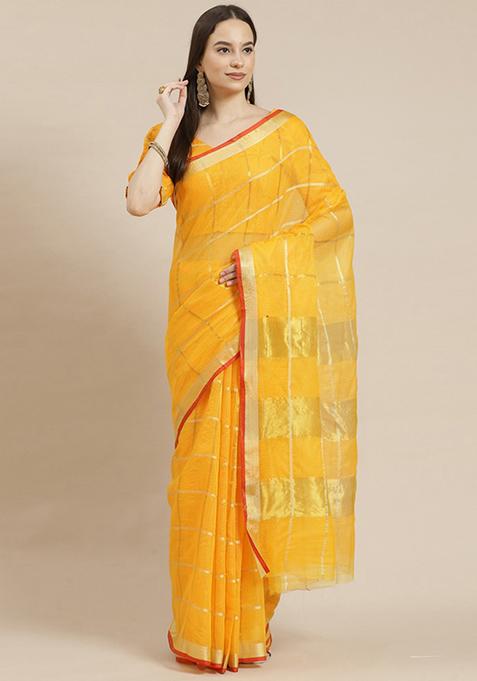 Yellow Printed Cotton Silk Saree Set