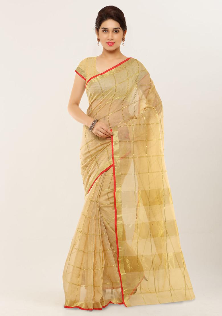 Beige Printed Cotton Silk Saree Set - Indya