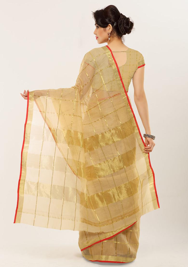 Beige Printed Cotton Silk Saree Set