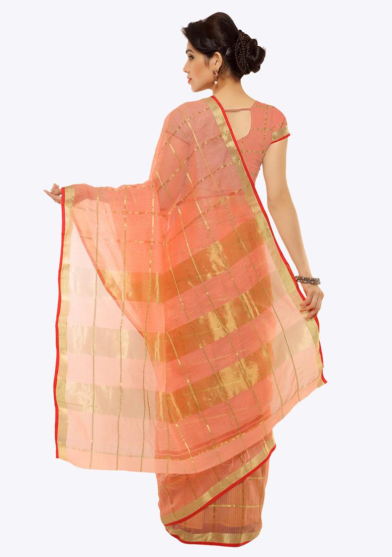Peach Printed Cotton Silk Saree Set