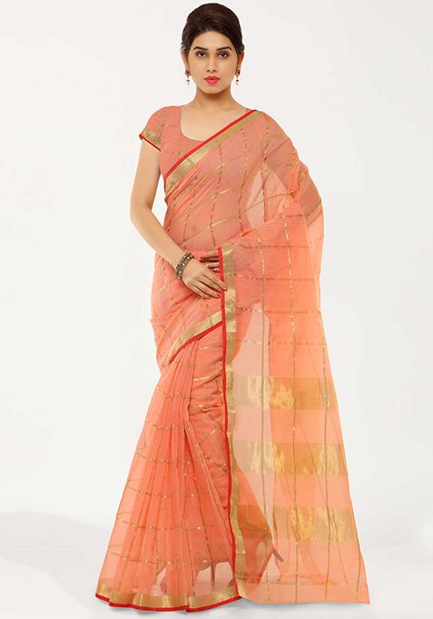 Peach Printed Cotton Silk Saree Set