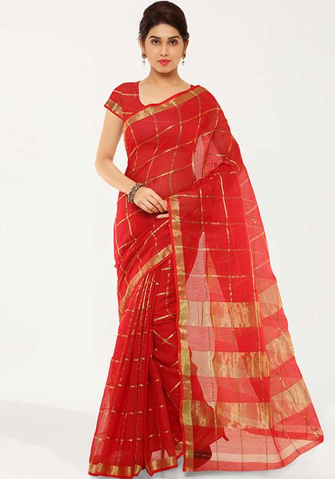 Red Printed Cotton Silk Saree Set