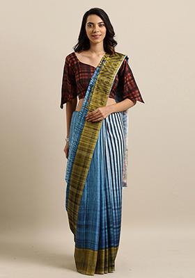 Blue Digital Print Cotton Silk Saree Set