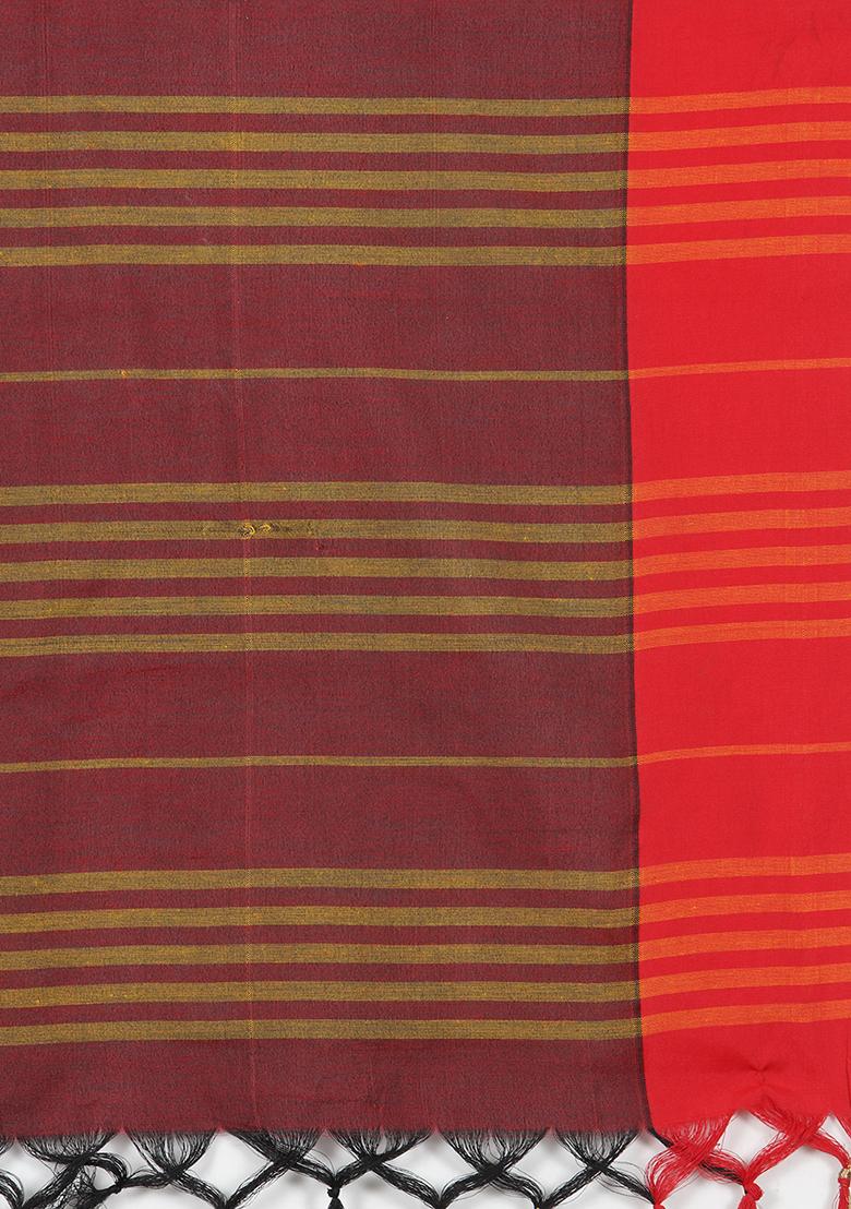 Maroon And Multicolour Zari Woven Cotton Silk Saree Set