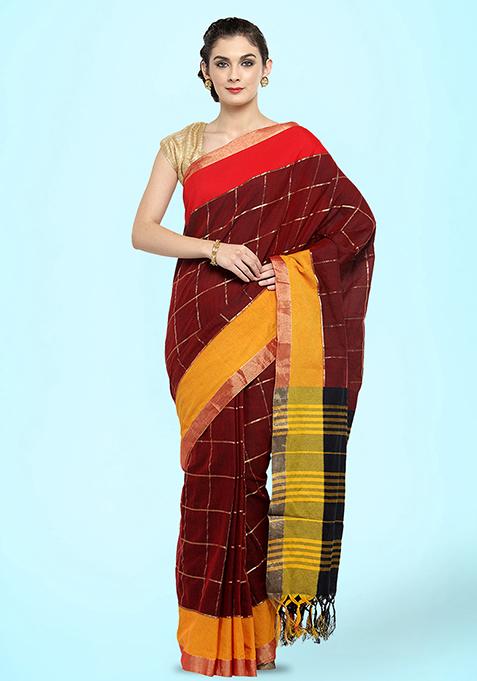 Maroon And Multicolour Zari Woven Cotton Silk Saree Set