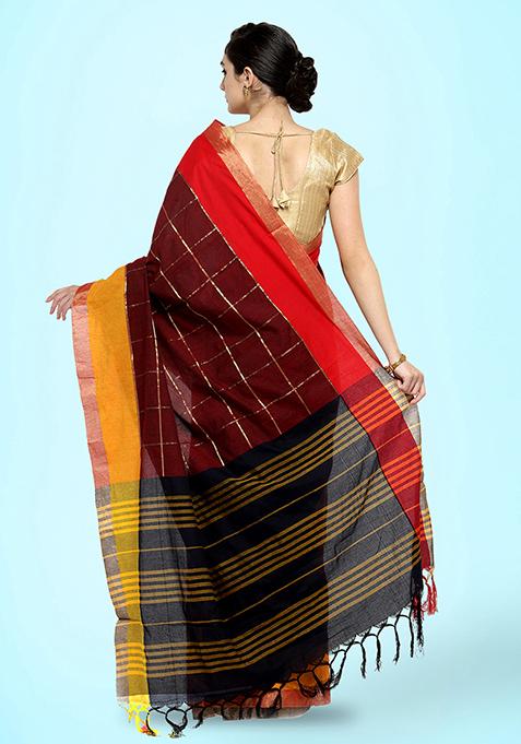 Maroon And Multicolour Zari Woven Cotton Silk Saree Set
