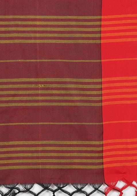 Maroon And Multicolour Zari Woven Cotton Silk Saree Set