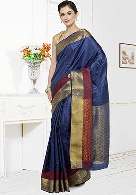 Navy Blue And Red Zari Woven Cotton Silk Saree Set