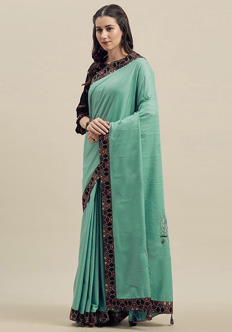 Sea Green Embroidered Ruby Silk Saree Set