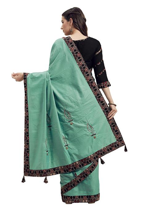 Sea Green Embroidered Ruby Silk Saree Set