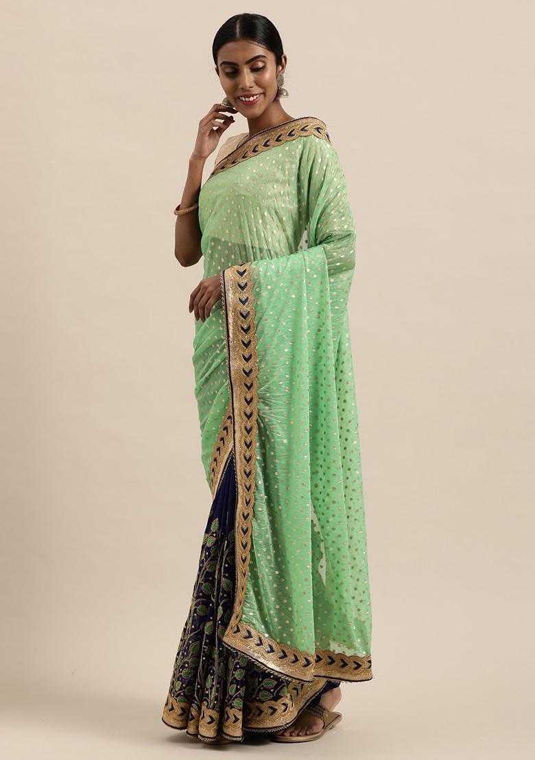 Green And Blue Embroidered Lycra Faux Georgette Saree Set