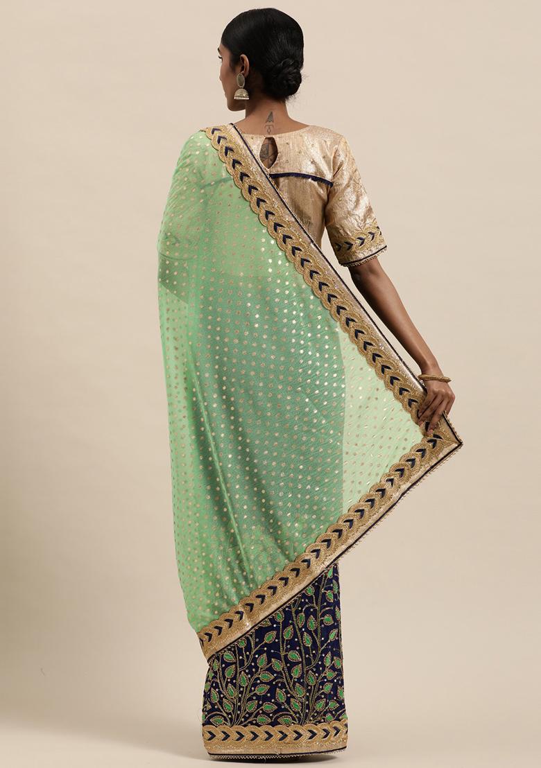 Green And Blue Embroidered Lycra Faux Georgette Saree Set