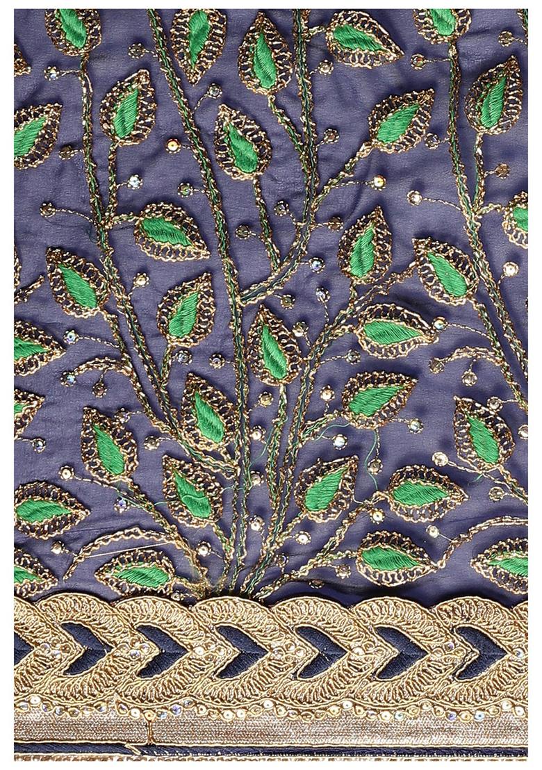 Green And Blue Embroidered Lycra Faux Georgette Saree Set