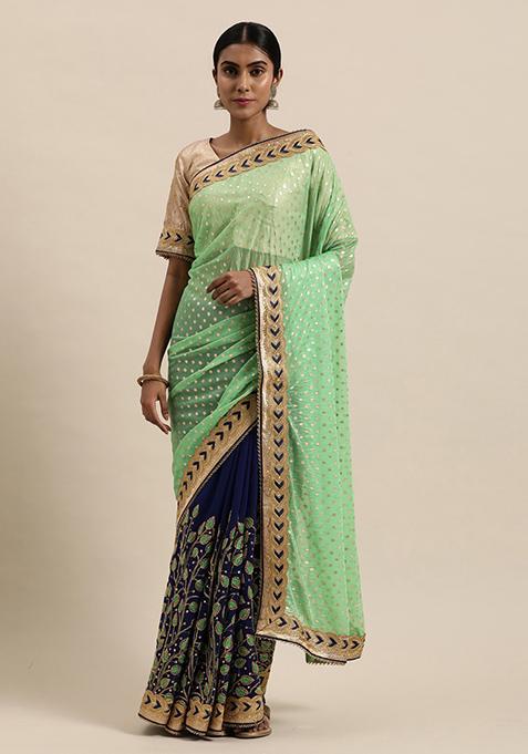 Green And Blue Embroidered Lycra Faux Georgette Saree Set