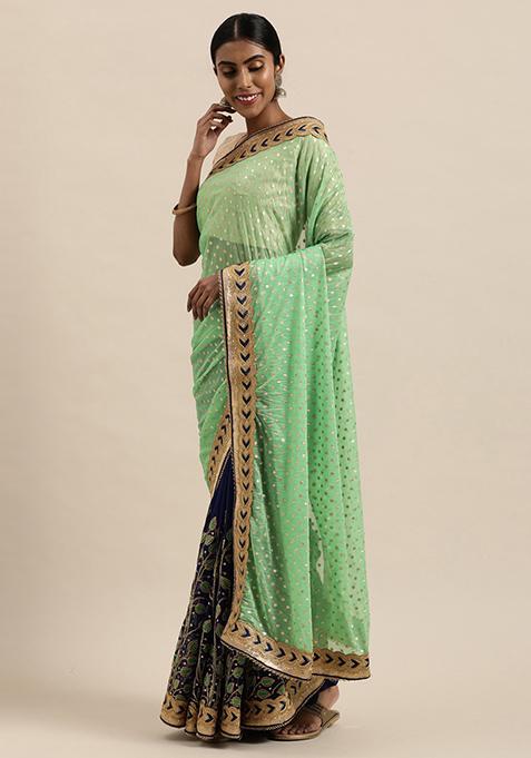Green And Blue Embroidered Lycra Faux Georgette Saree Set