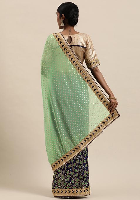 Green And Blue Embroidered Lycra Faux Georgette Saree Set