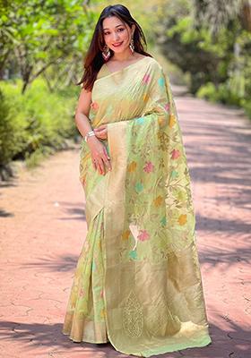 Green Zari Woven Organza Saree Set
