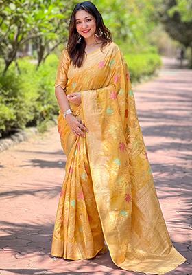 Mustard Zari Woven Organza Saree Set