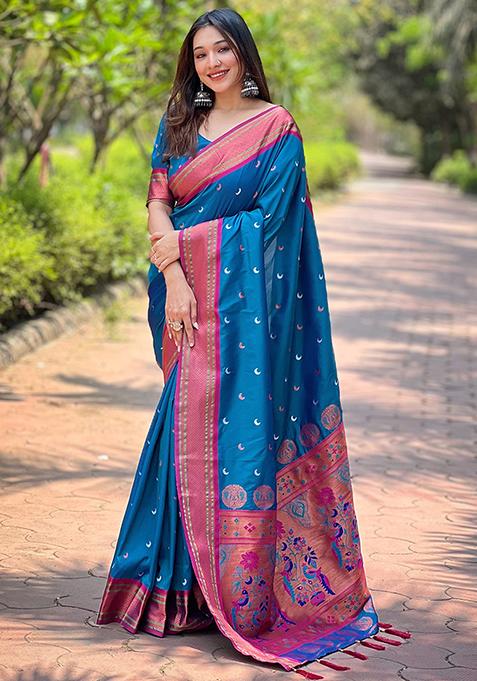 Blue Zari Woven Silk Saree Set