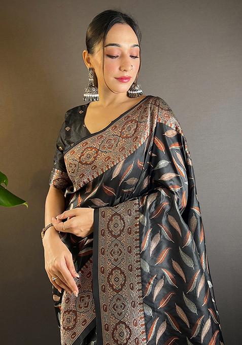 Black Zari Woven Silk Saree Set