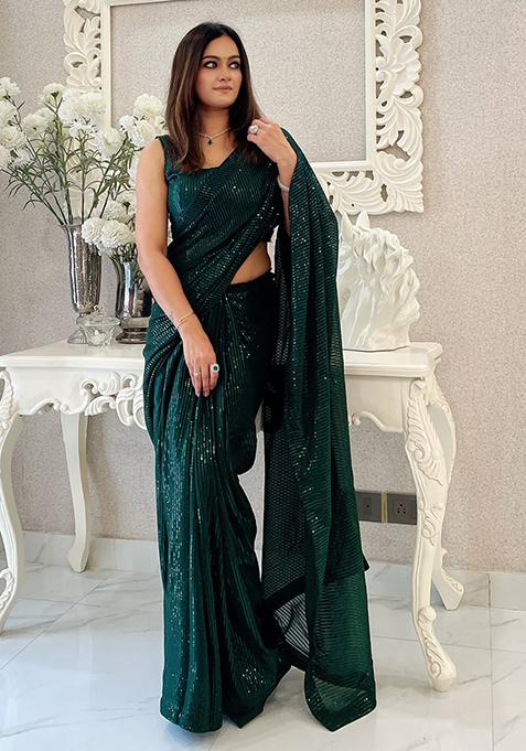 Green Sequin Embroidered Art Silk Saree Set