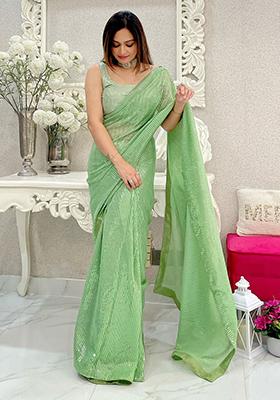 Green Sequin Embroidered Art Silk Saree Set