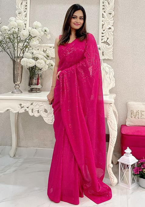 Pink Sequin Embroidered Art Silk Saree Set