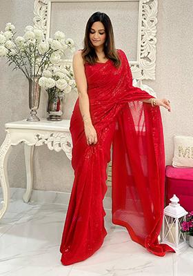 Red Sequin Embroidered Art Silk Saree Set