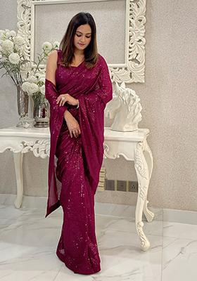 Wine Sequin Embroidered Art Silk Saree Set