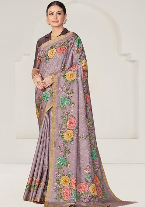 Lavender Sequin Embroidered Art Silk Saree Set