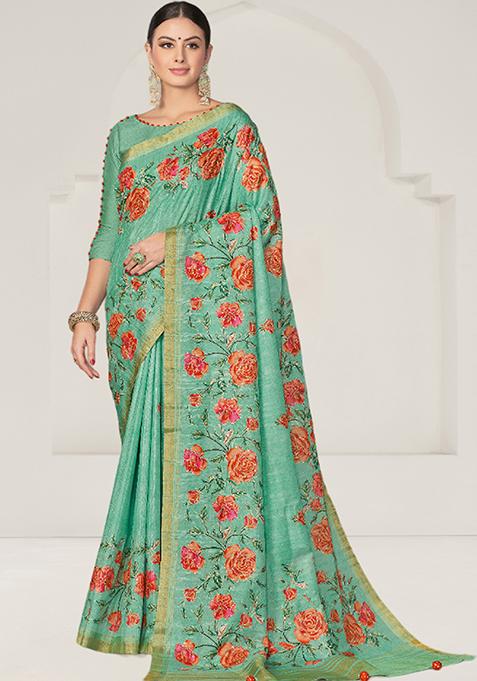 Sea Green Sequin Embroidered Art Silk Saree Set