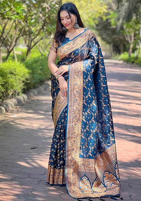 Blue Zari Woven Silk Saree Set