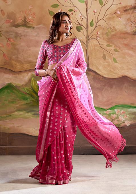 Pink Abstract Print Art Silk Saree Set