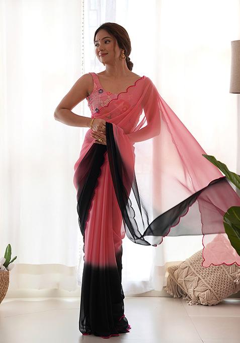Peach Resham Embroidered Georgette Saree Set