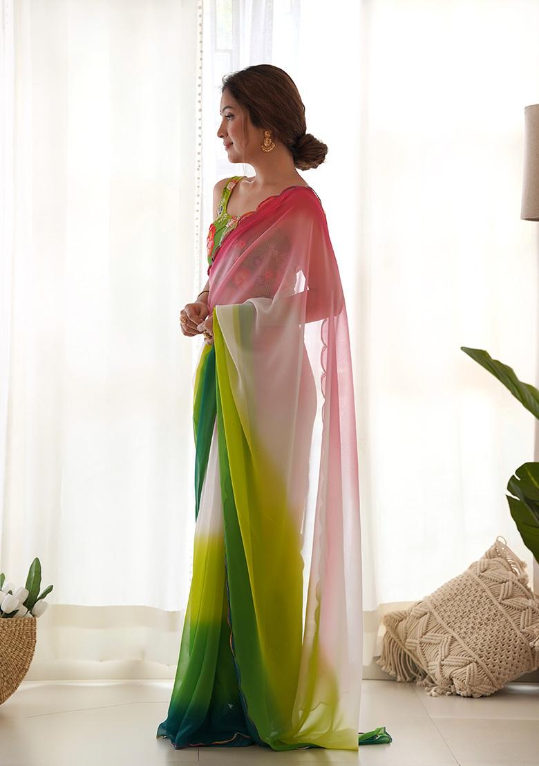 Green Resham Embroidered Georgette Saree Set