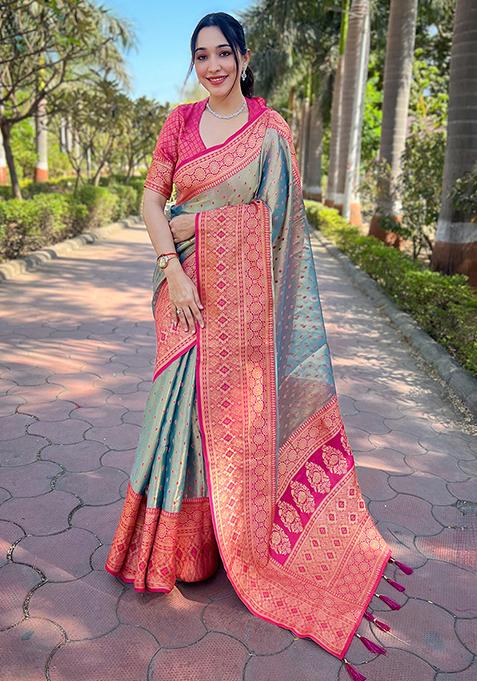 Grey Zari Woven Silk Saree Set