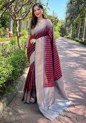 Brown Zari Woven Silk Saree Set